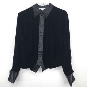 Ishyu Black Velvet Button Up Vintage Tuxedo Blazer Jacket Top